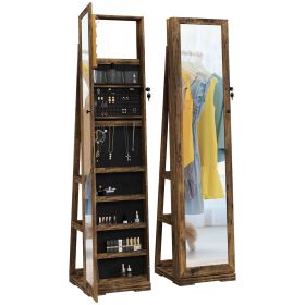 Swivel Jewelry Armoire, Lockable Mirror Jewelry Cabinet with Built-In Small Mirror, Rustic Brown